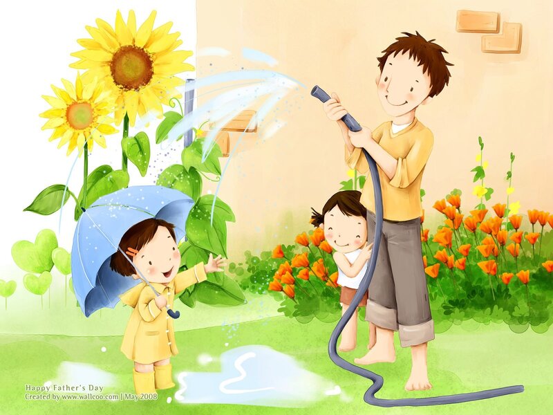 Father and children watering garden