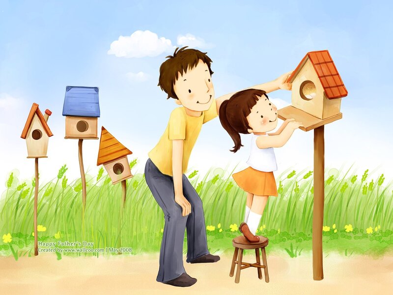Father and daughter building birdhouse