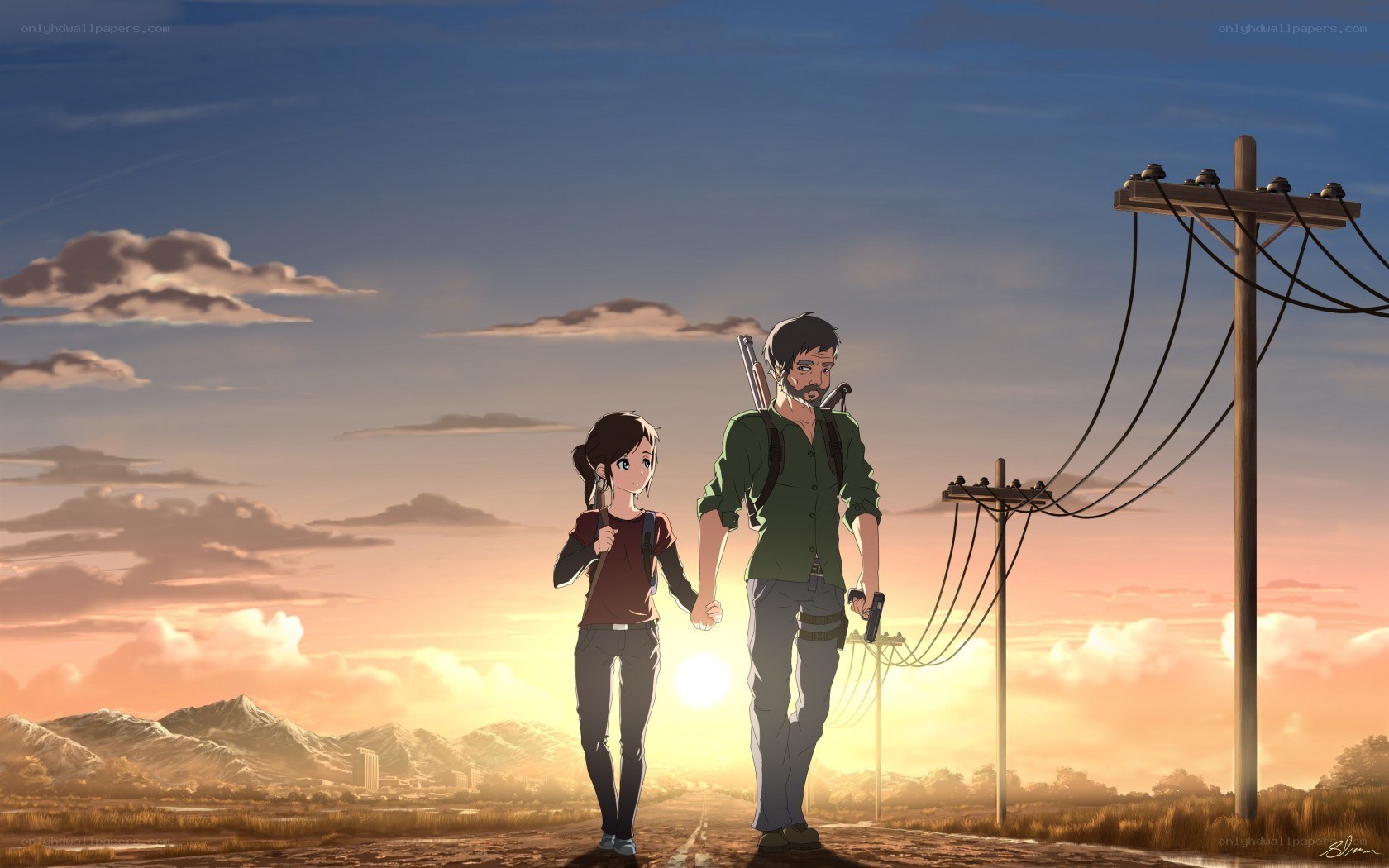 father and daughter walking at sunset