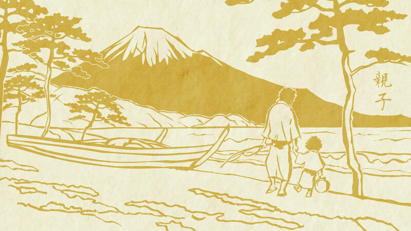 Father and son by the lake
