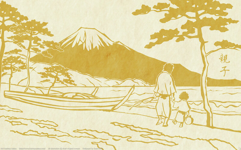 Father and son by the lake
