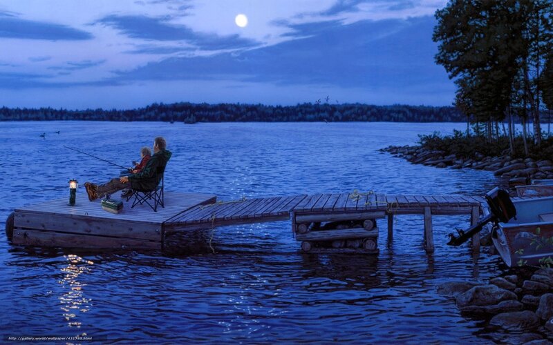 Father and son fishing at night