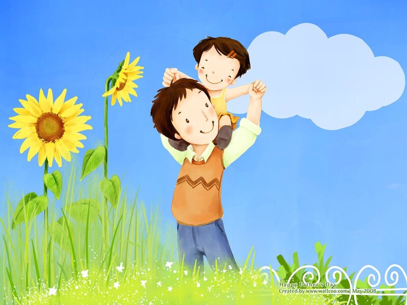 Father and son in sunflower field