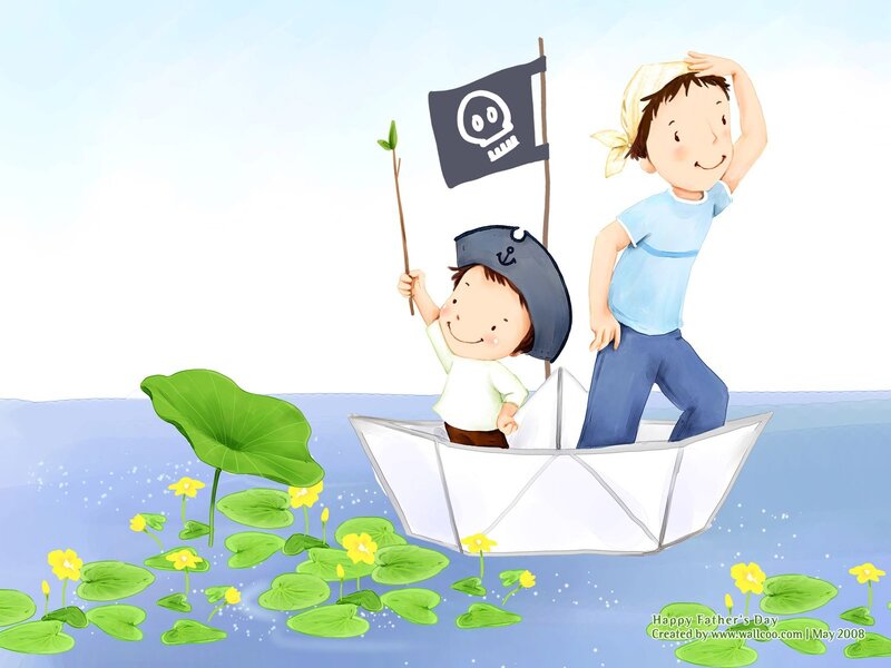 Father and son on a paper boat