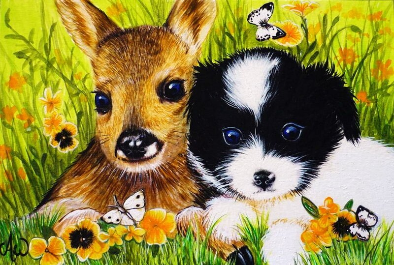 Fawn and Puppy in Flowers
