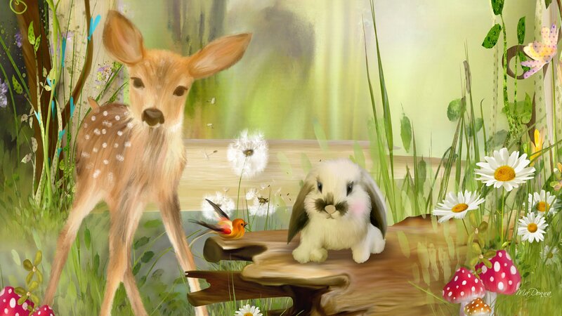 Fawn and Rabbit in Forest