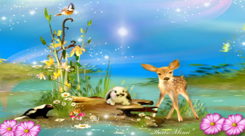 Fawn and Rabbit in Garden
