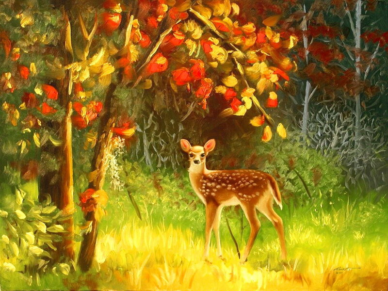 Fawn in Autumn Forest — Green