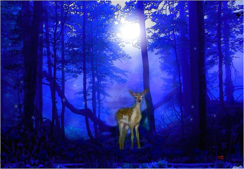 Fawn in Forest — Blue, Mystical
