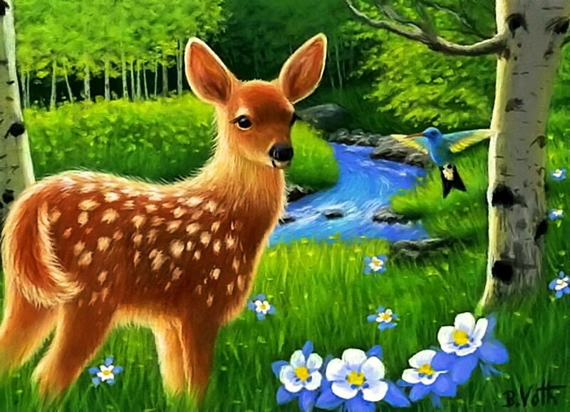 Fawn in Forest — Green, Serene, Spring, Painting, Bird