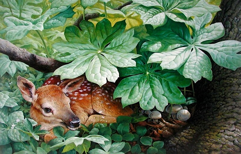 Fawn in Forest — Green, Serene, Spring, Painting