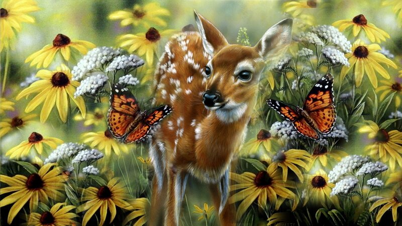 Fawn in Wildflowers — Yellow