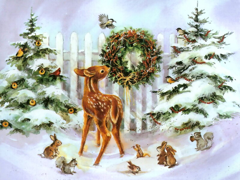Fawn in Winter Scene — White