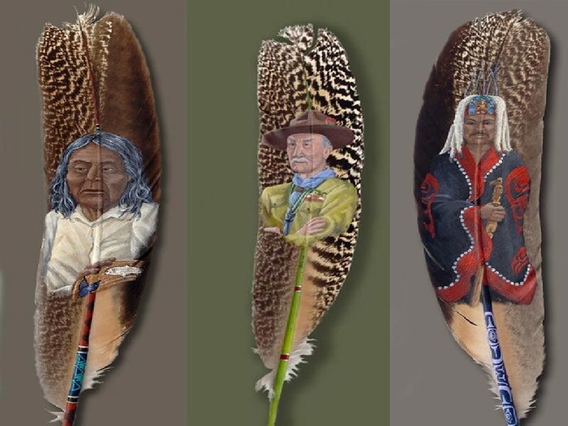 feather art with portraits