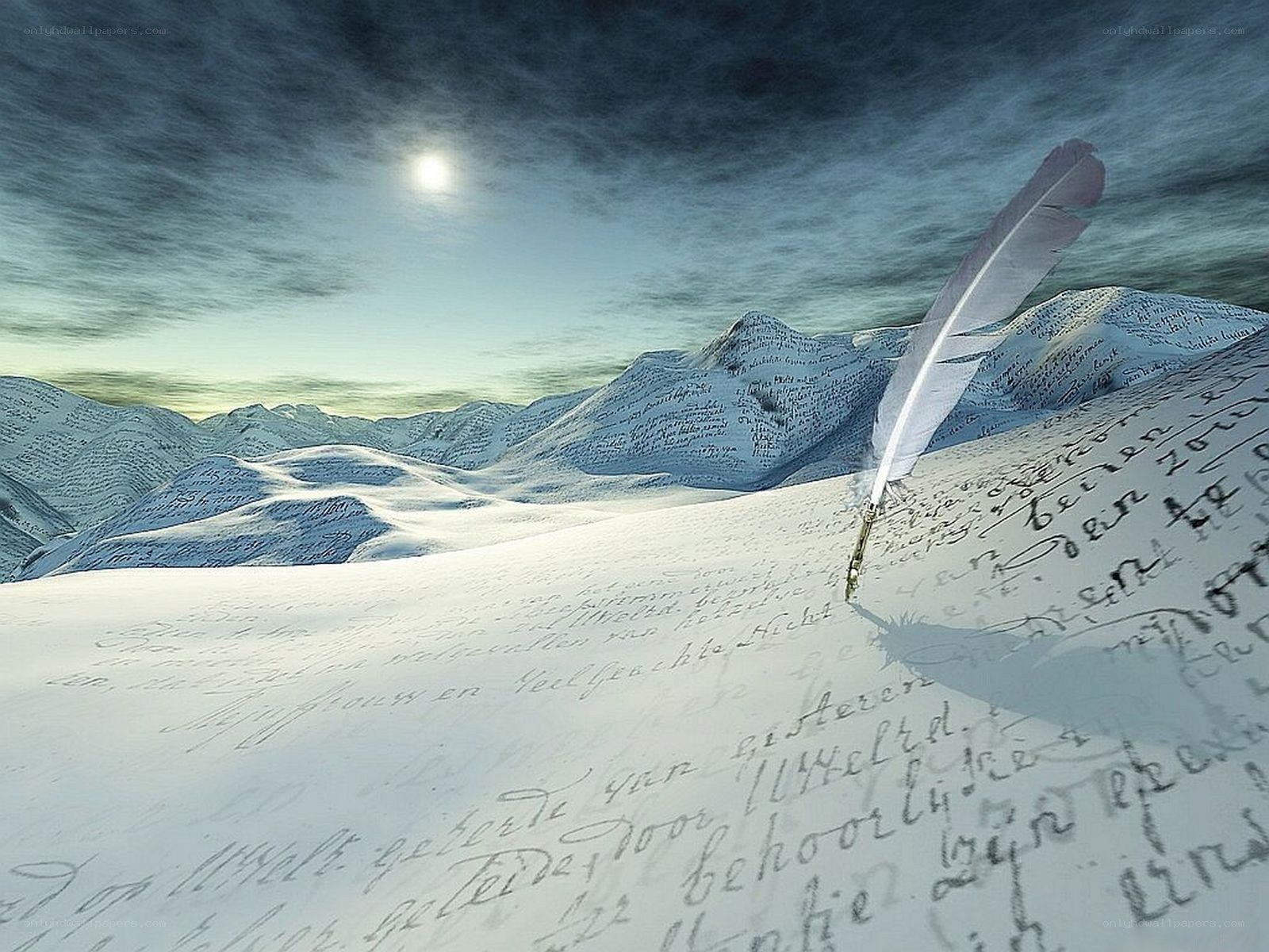 Feather quill on snowy mountains