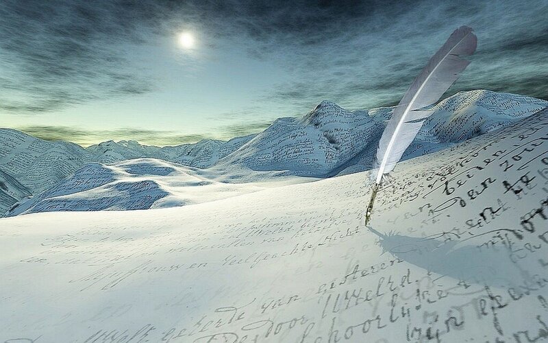 Feather Quill on Snowy Mountains — White, Dramatic, Night