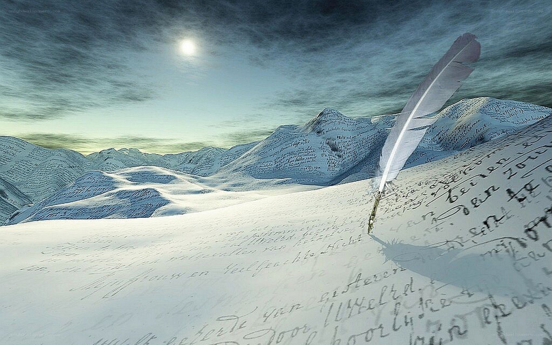 feather quill on snowy mountains