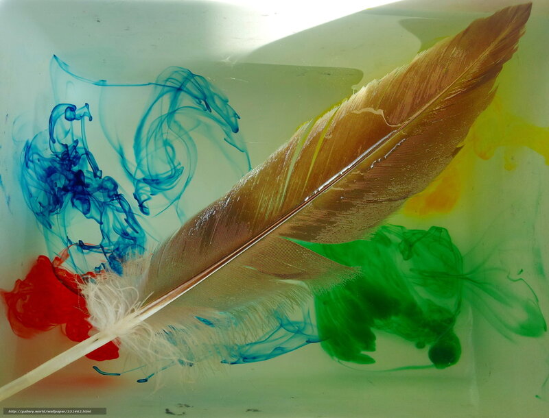 Feather with colorful ink swirls