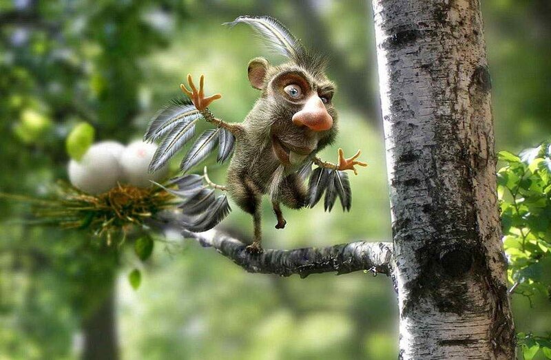 Feathered Creature on Branch — Green