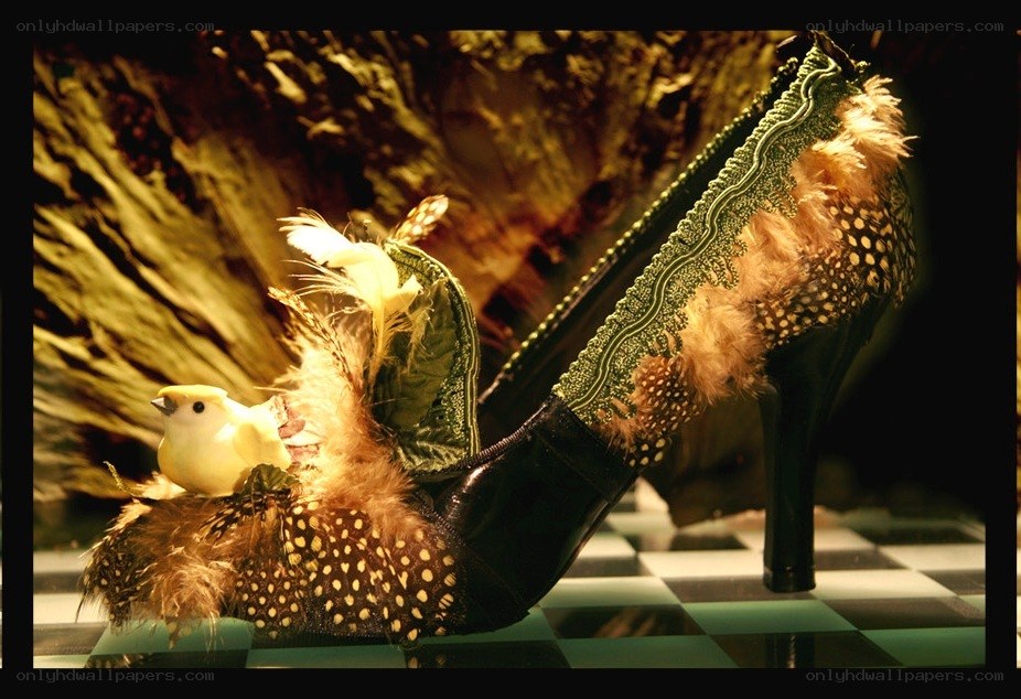 feathered high-heeled shoe