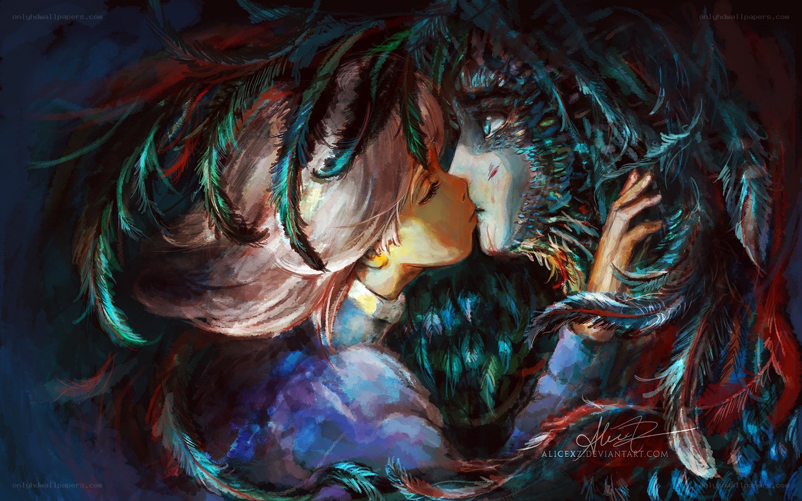 feathered lovers embrace