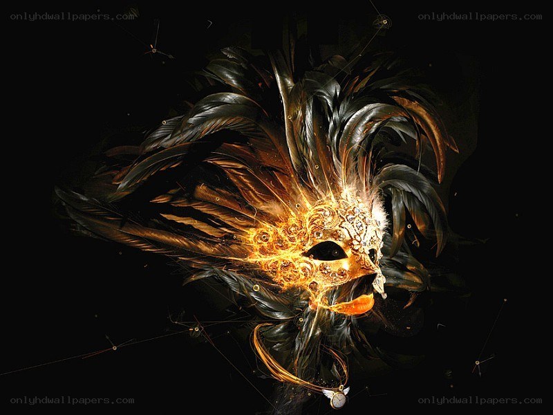 feathered mask with golden glow