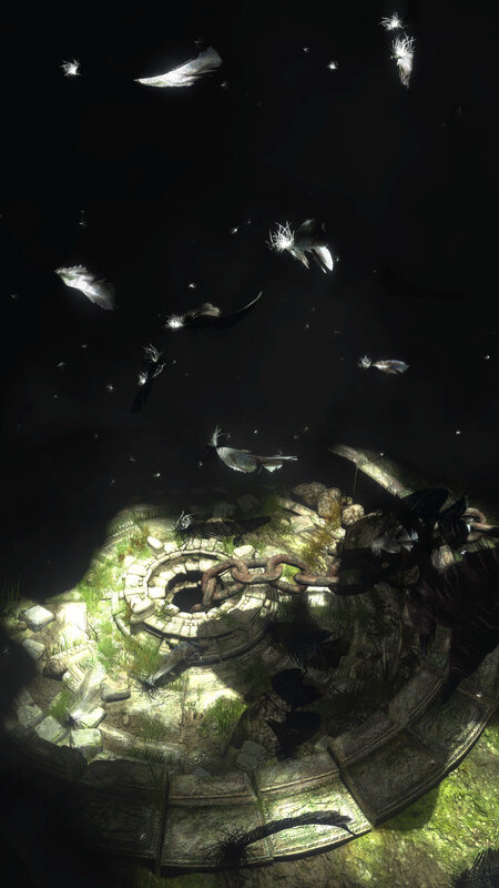 Feathers falling in a dark ruin
