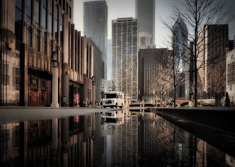FedEx Truck in City — Gray