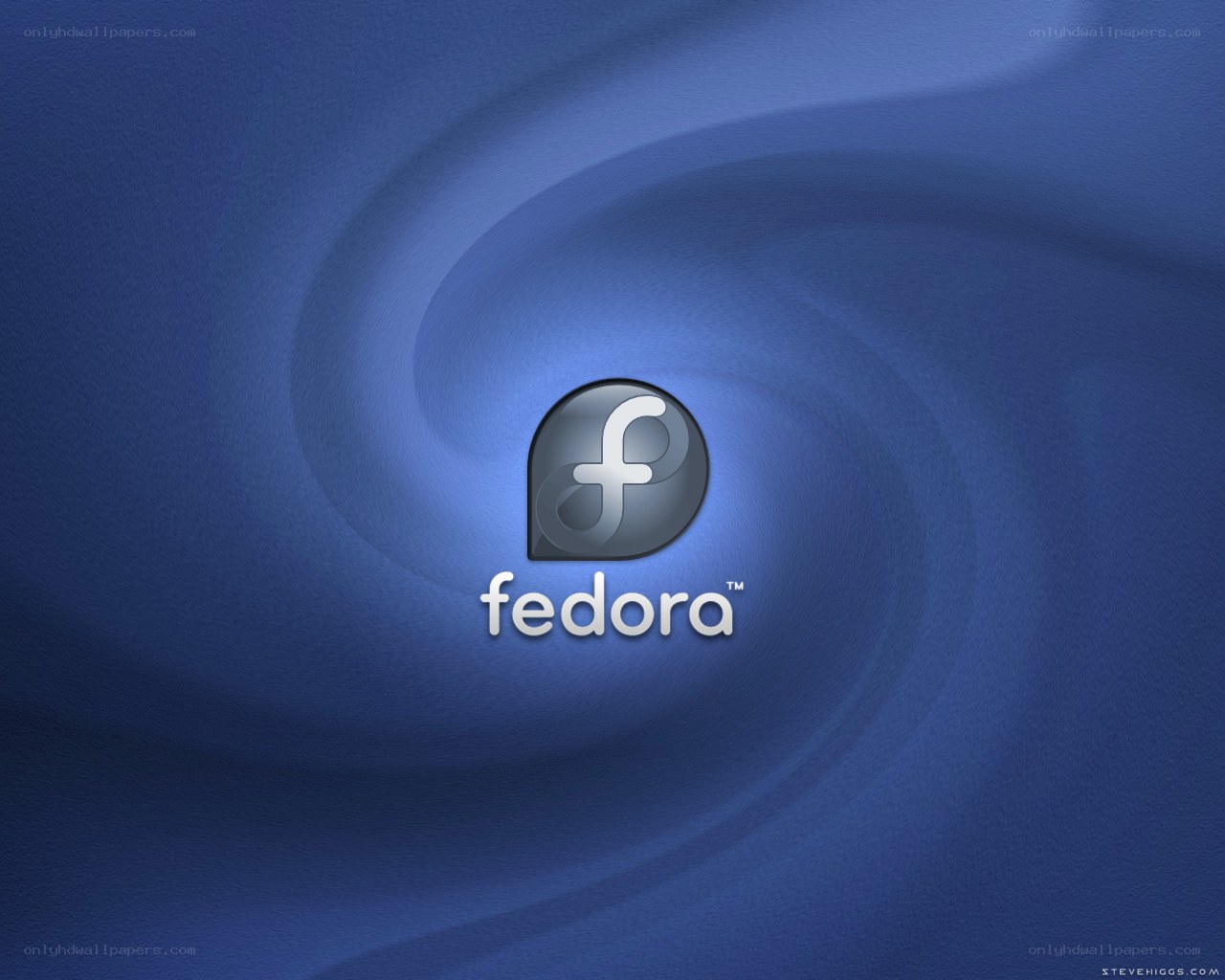 Fedora logo on blue swirl