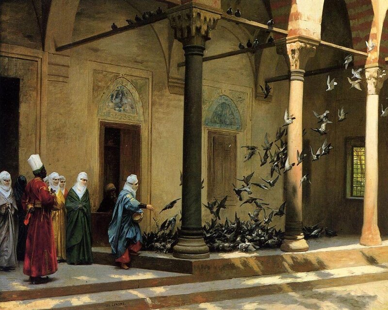 Feeding pigeons in a courtyard