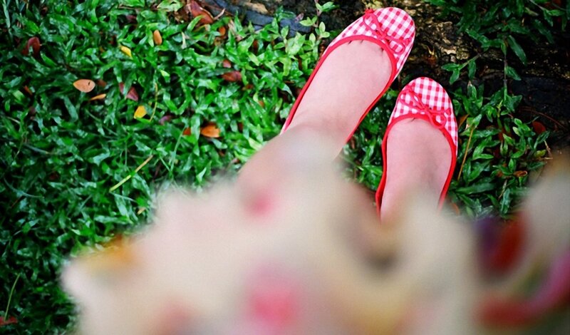 Feet in Red Gingham Shoes