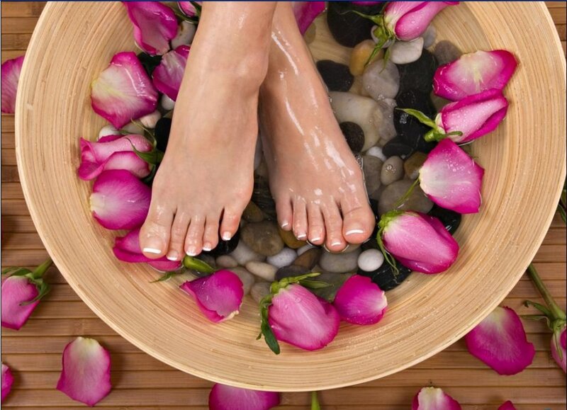 feet in rose petal bath