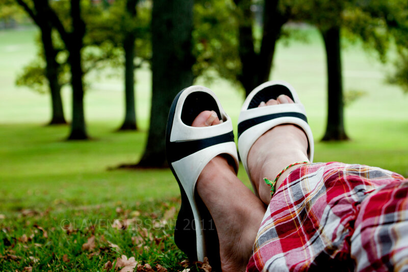 Feet in Sandals on Grass — Green
