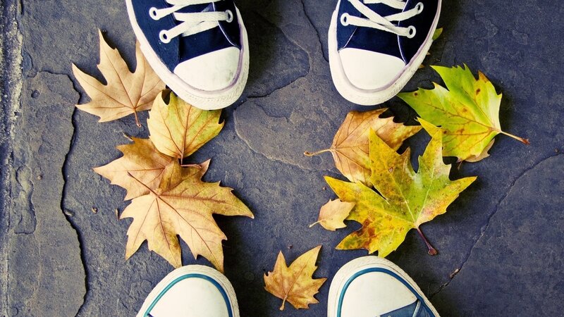 Feet in sneakers with autumn leaves