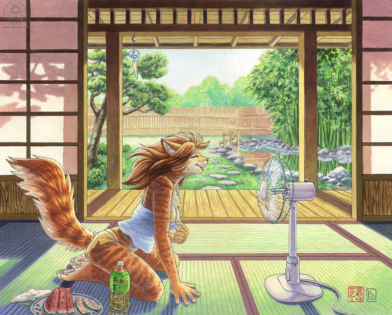Feline character in a Japanese room