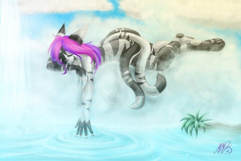 feline character in waterfall