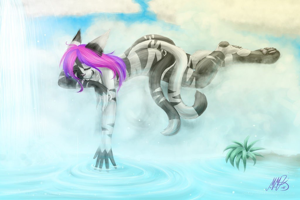 feline character in waterfall
