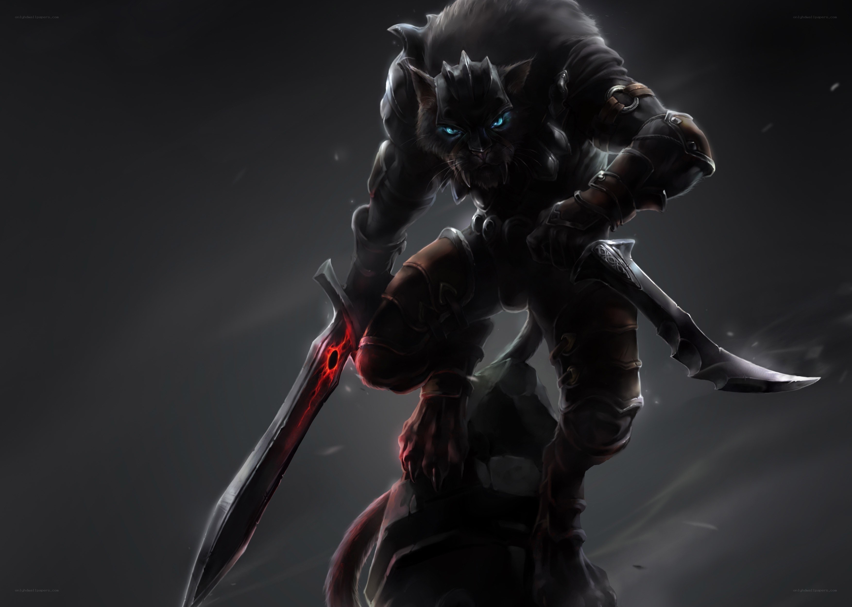 feline warrior with glowing blades