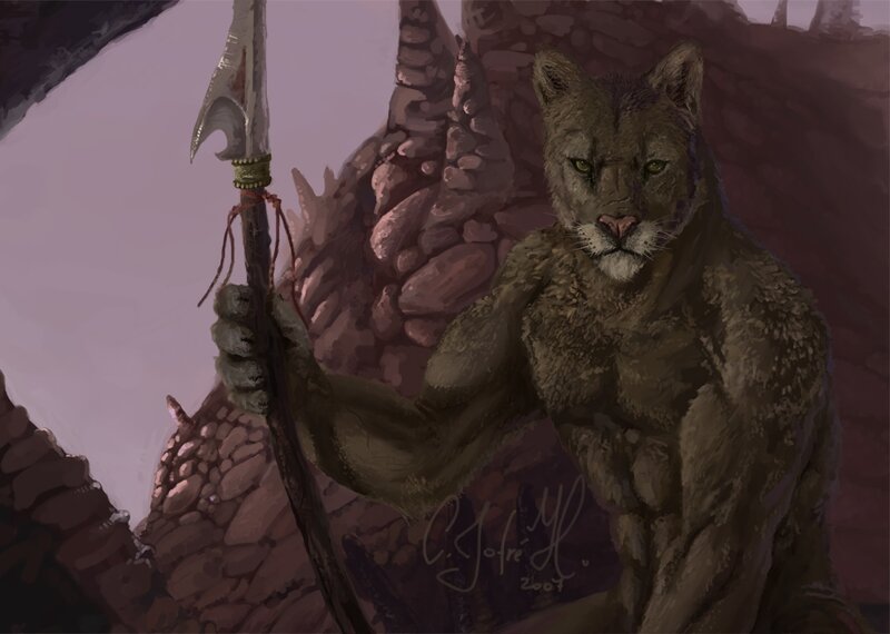 feline warrior with spear