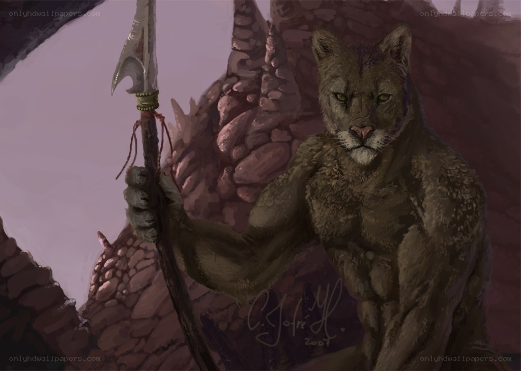 feline warrior with spear