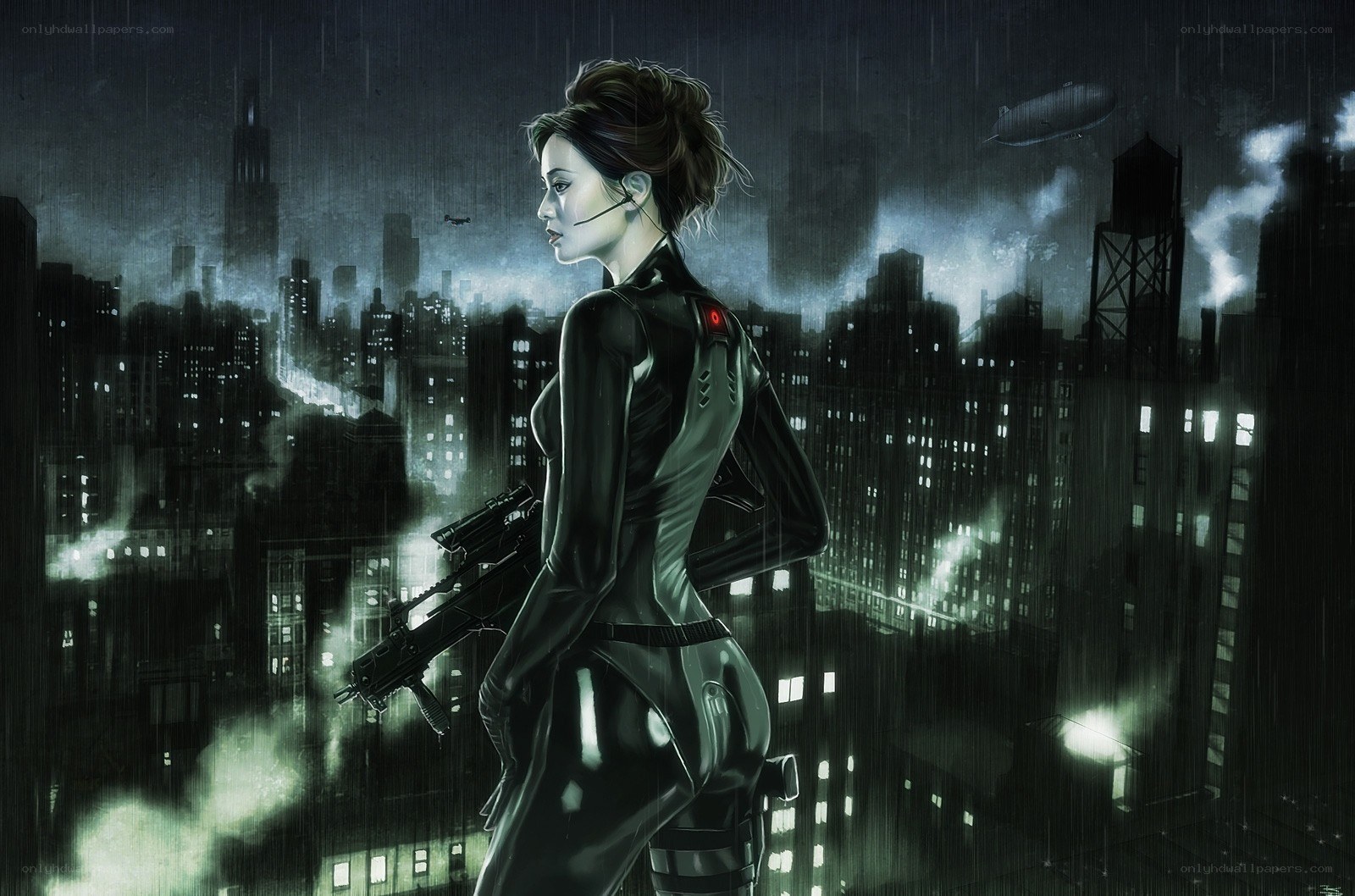 female agent in rainy city