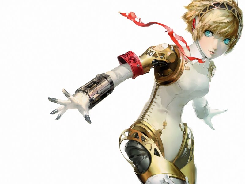 Female Android Character — White, Dramatic, Digital Art, Mechanical Arm, Red Ribbon, Gold Armor