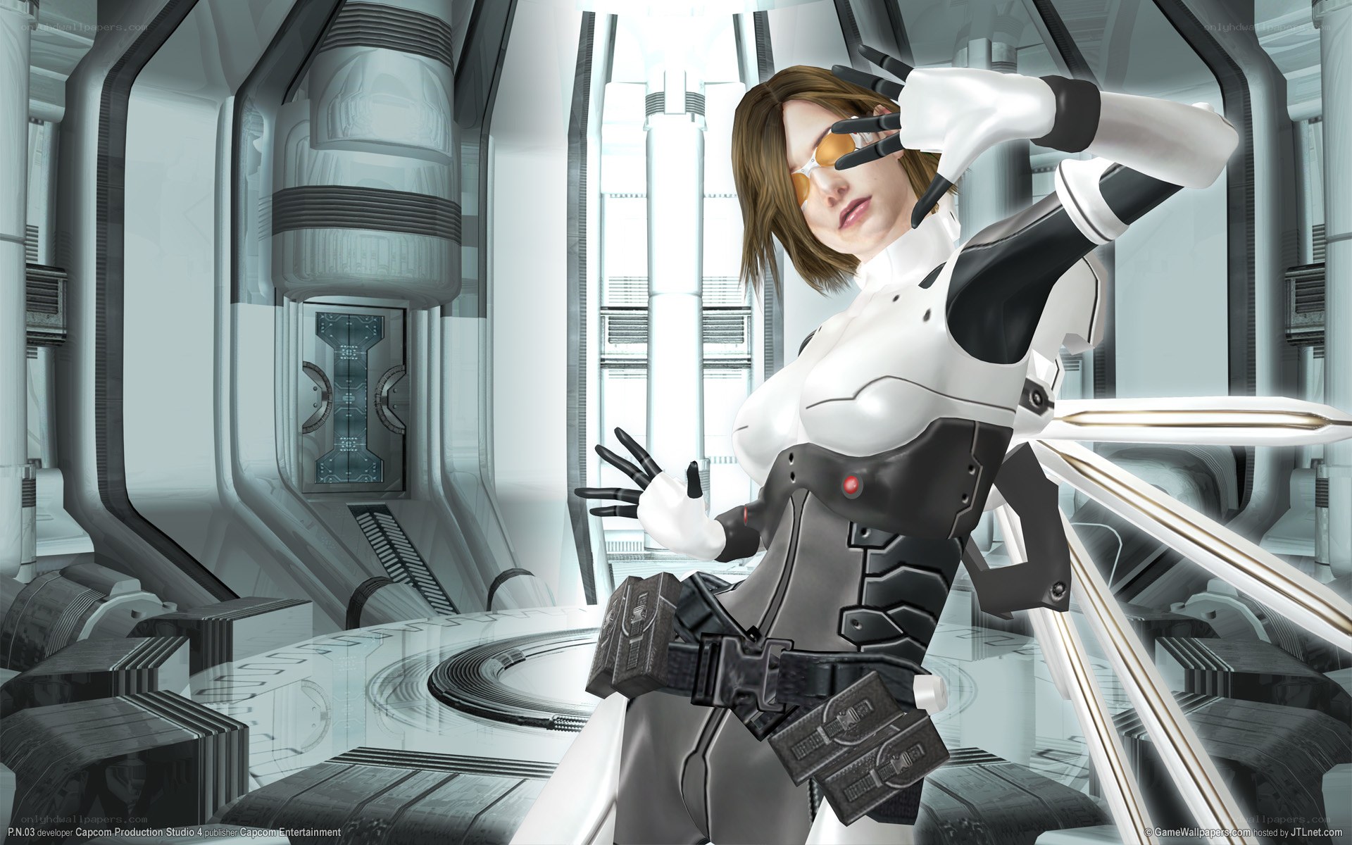 female android in futuristic corridor