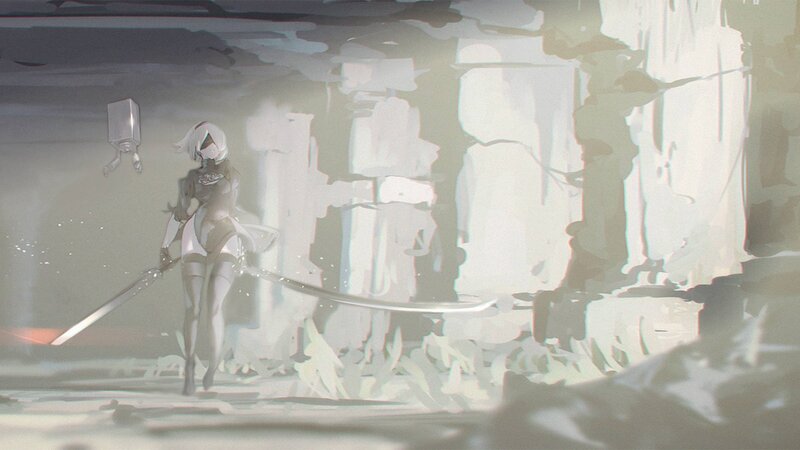 Female Android with Sword — Gray, Dramatic, Digital Art