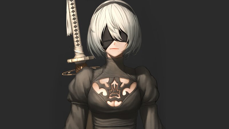 Female Android with Sword — Gray, Dramatic
