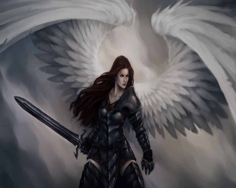 Female Angel Warrior — Gray, Dramatic