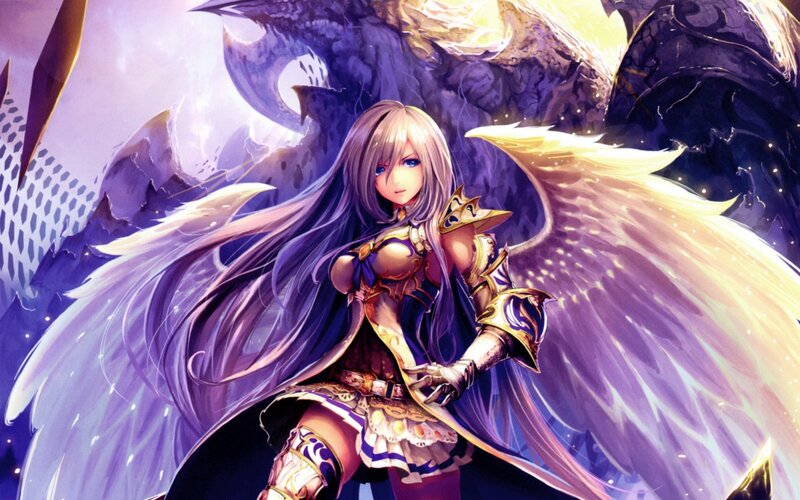 Female Angel Warrior — Purple, Dramatic, Digital Art, Wings, Armor