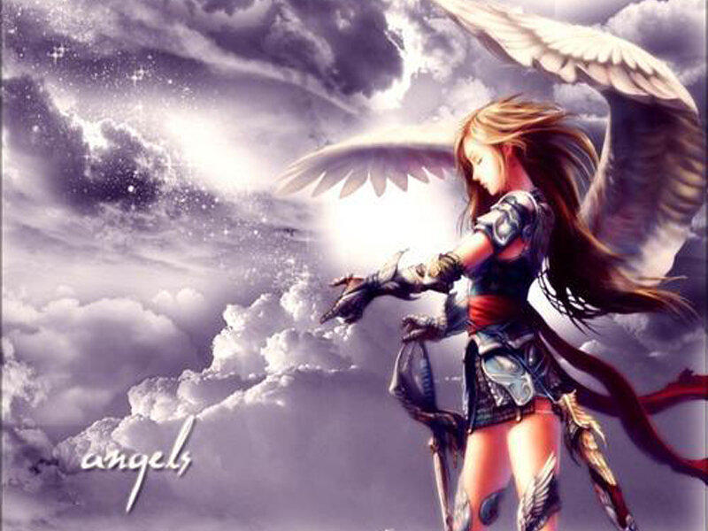 Female Angel Warrior — Purple, Dramatic, Digital Art, Wings, Clouds