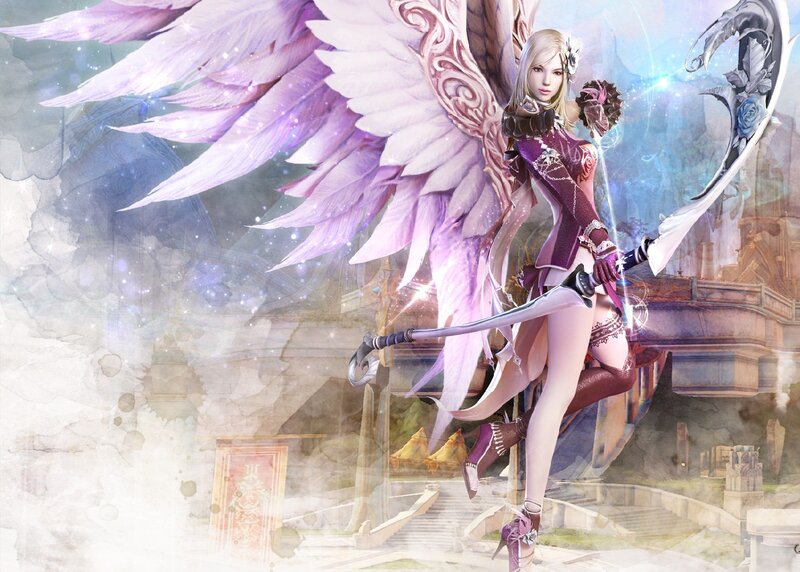 Female Angel Warrior — Purple, Dramatic, Digital Art, Wings, Sword, Castle