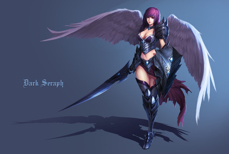 Female Angel Warrior — Purple, Dramatic, Digital Art, Wings, Sword